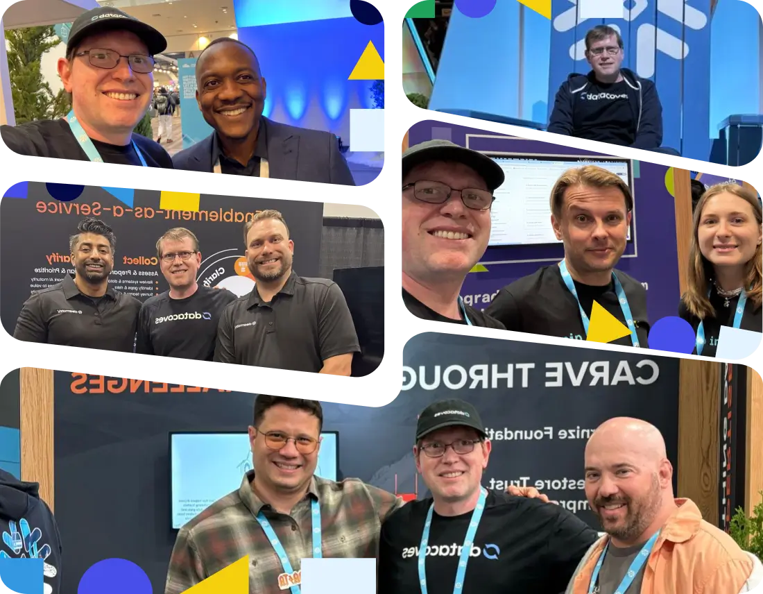Collage of six photos showing groups of smiling people at a technology conference, some wearing datacoves t-shirts and lanyards.