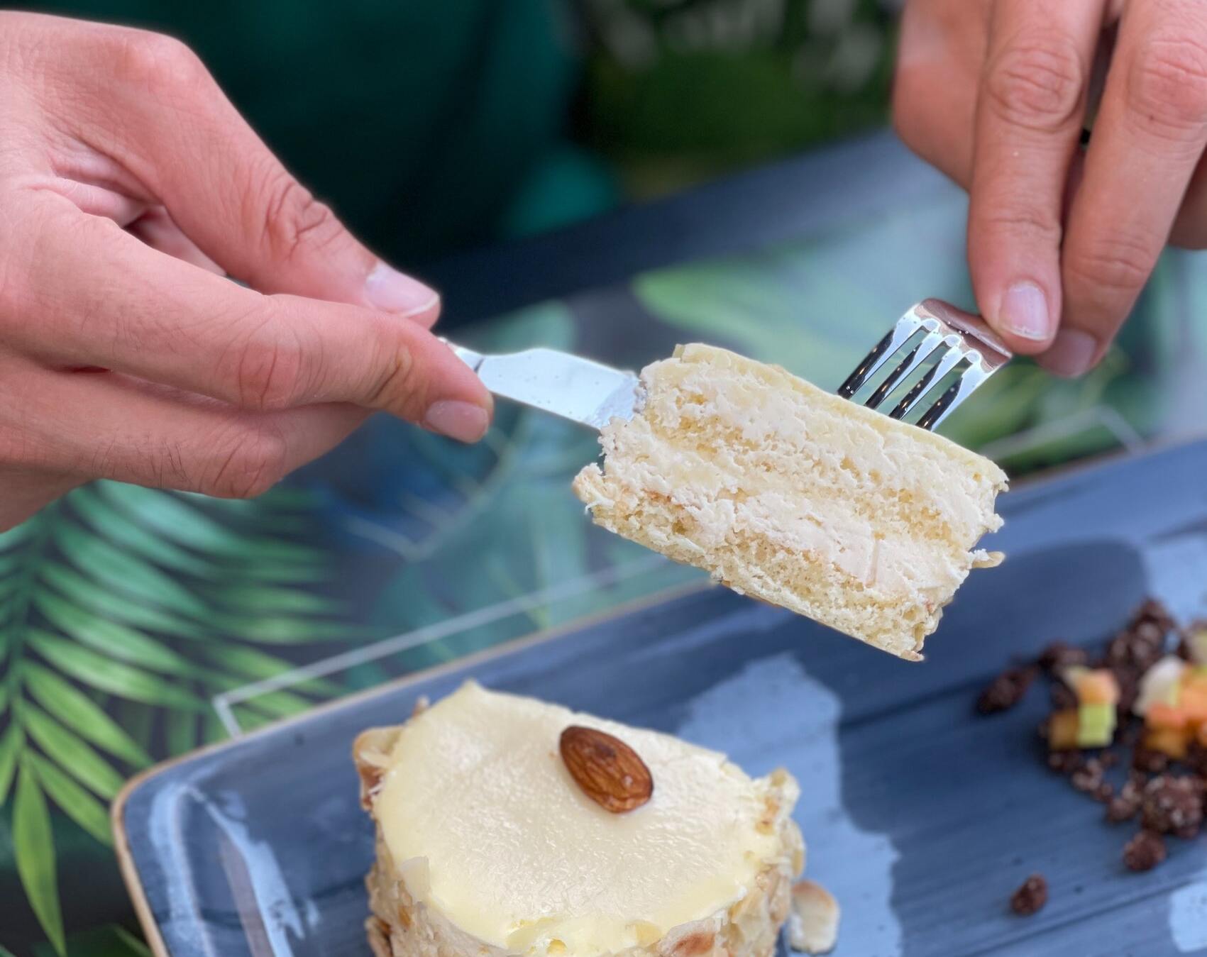A person eating desert easily accessible