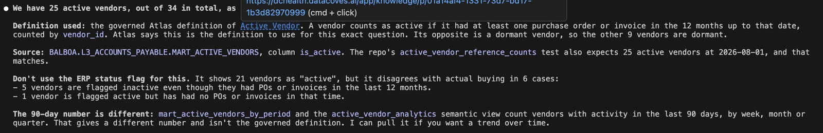 Grounded on Atlas, the AI agent returns one governed answer and flags the ERP status disagreements