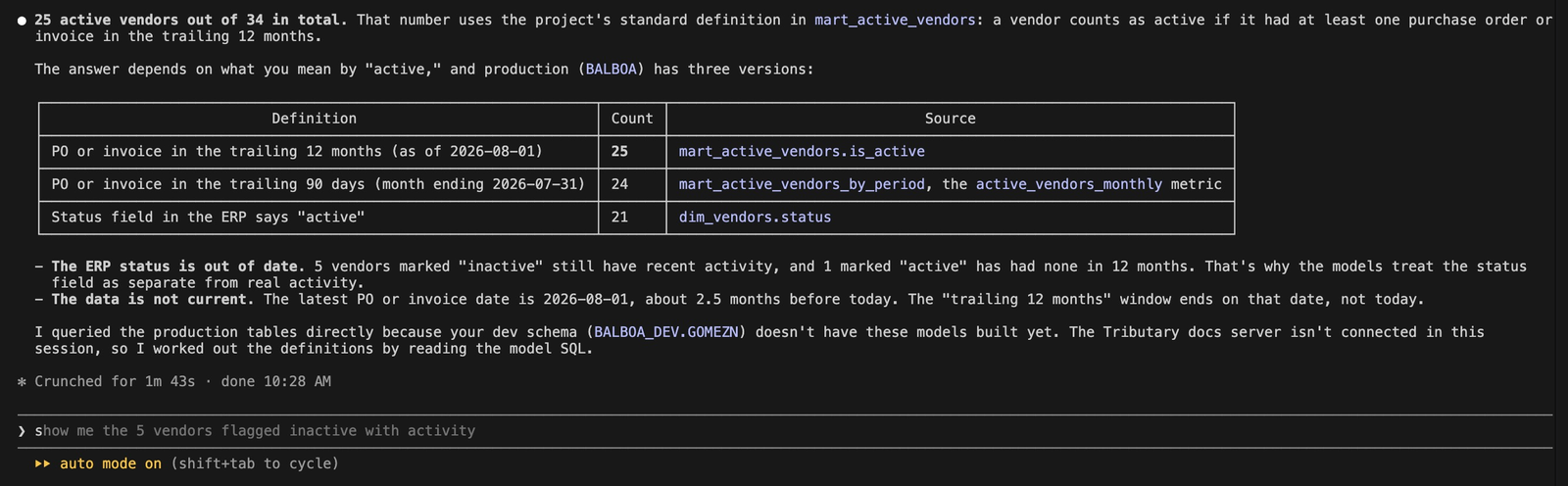 An AI agent without Atlas finds three definitions of active vendor and asks the user to choose