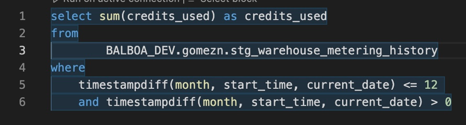 Compiled model dbt produces. Notice how line 3 was changed to a specific database object