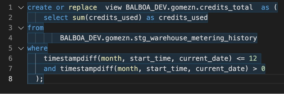 Compiled model dbt produces. Notice how line 3 was changed to a specific database object