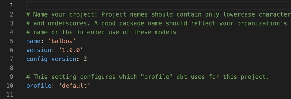 Line 10 shows which profile dbt will use from within your profiles.yml file