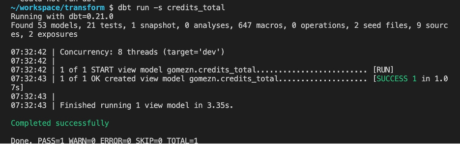 dbt run can now find a profile named company_a so it knows what database connection to use